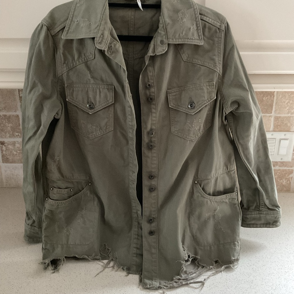 Free People Distressed Military Jacket in Olive